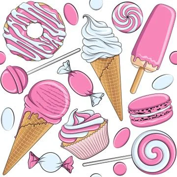 Seamless pattern with pink and white sweets. Stock Illustration