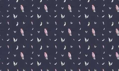 Seamless pattern of pink and white birds flying on dark background Stock Illustration