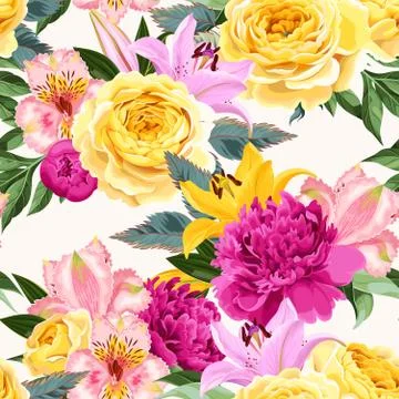 Seamless pattern with pink and yellow flowers Stock Illustration