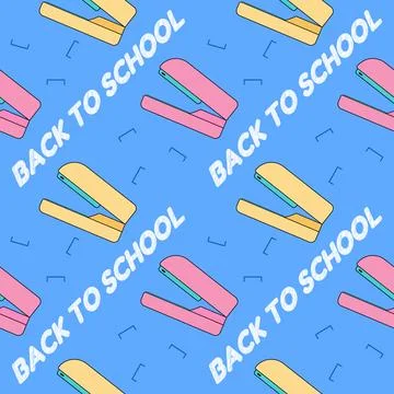 Seamless pattern with pink and yellow staplers. Vector illustration on blue b Illustrazione stock