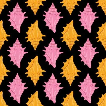 Seamless pattern of pink and yellow murex seashells. flat style on black ba.. イラスト素材