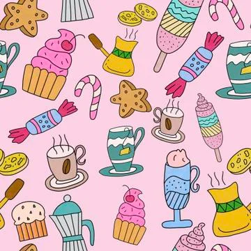 Seamless pattern on a pink background with coffee and sweets Stock Illustration