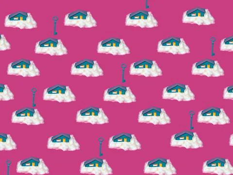 Seamless pattern on a pink background with houses in clouds and keys 스톡 일러스트
