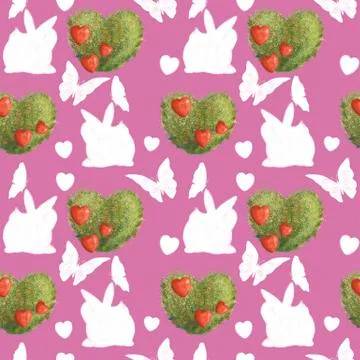 Seamless pattern on pink background. Silhouettes of rabbits and green plant Stock Illustration
