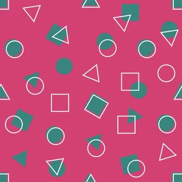 Seamless pattern on pink background squares circles triangles Stock Illustration