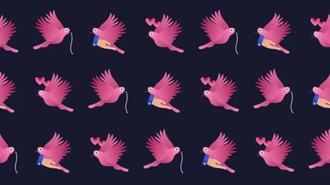 Seamless pattern of pink bird with heart and connection icons in tile background Stock Footage 325314174