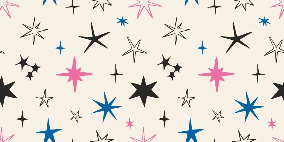 Seamless pattern with pink, black and blue scribble stars. Cheerful and tre.. Stock Illustration