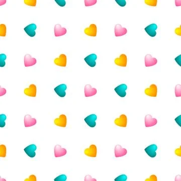 Seamless pattern with pink, blue and yellow hearts on white background. Vector. Stock Illustration