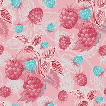 Seamless pattern with pink blue raspberries. Hand painting. Colorful pattern for 스톡 일러스트