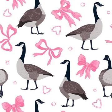 Seamless pattern with pink bows and Canada geese birds. Cute girly and birthd Illustrazione stock