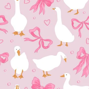 Seamless pattern with pink bows and geese birds. Cute nursery and girly backg Stock Illustration
