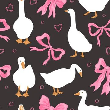 Seamless pattern with pink bows and geese birds. Cute nursery and girly backg Stock Illustration