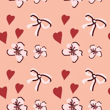 Seamless pattern with pink bows, cherry blossoms, and red hearts on peach Stock Illustration