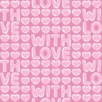 Seamless pattern with pink bubble hearts, lettering with love. Stock Illustration