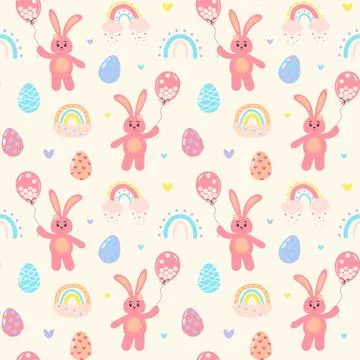 Seamless pattern with pink bunny with balloon full of daisies, boho rainbow.. Stock Illustration
