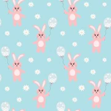 Seamless pattern with pink bunny holding a balloon full of chamomiles on blue Stock Illustration