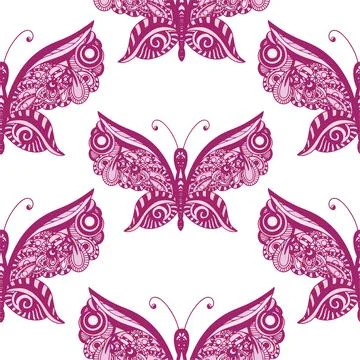 Seamless pattern of pink butterflies. Butterflies in the zentangle style. Vec Stock Illustration