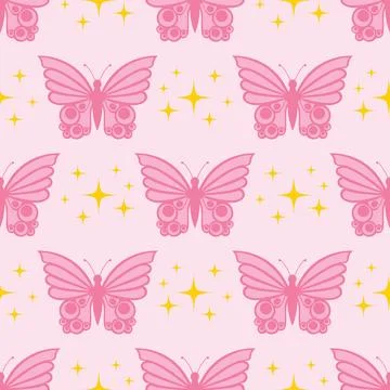 Seamless pattern with pink butterfly and tiny star in polka dot order in fl.. Stock Illustration