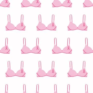 Seamless pattern with pink cancer ribbons on bras. Breast Cancer Awareness .. Stock Illustration