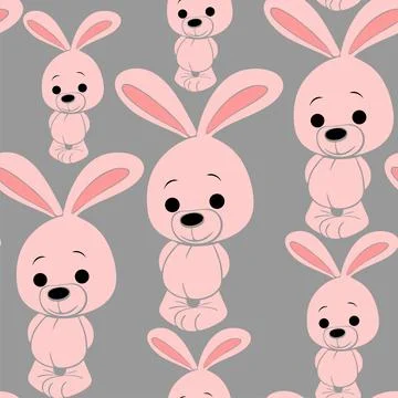 Seamless pattern with pink cartoon rabbits on a gray background Stock Illustration
