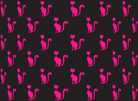 Seamless pattern of pink cats in black with bright colors pink Stock Illustration