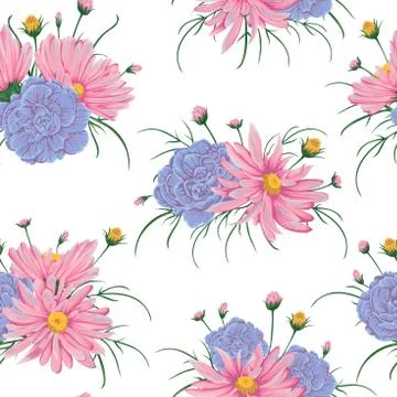 Seamless pattern with pink chamomile and geranium flowers Illustrazione stock