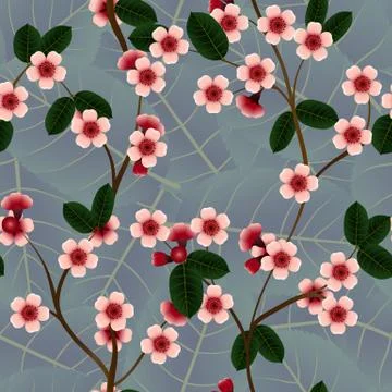 Seamless pattern with pink cherry flowers and leaf 库存插图