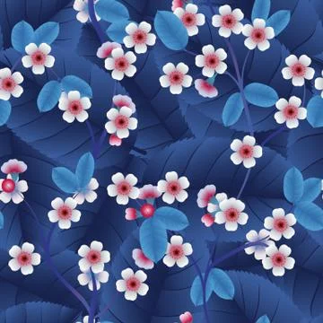 Seamless pattern with pink cherry flowers and leaf Stock Illustration