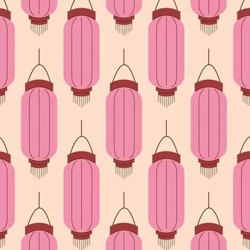 Seamless pattern of pink Chinese lantern on beige background in flat style Stock Illustration