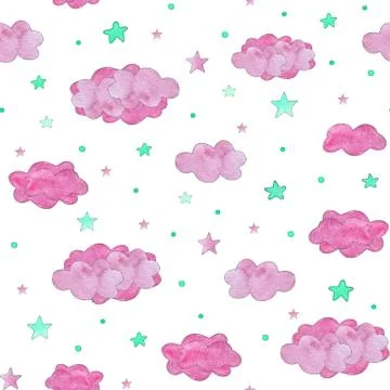Seamless pattern of pink clouds and turquoise stars, baby background Stock Illustration