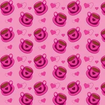 Seamless pattern with pink coffee cups and hearts on a pink background. Vector Stock Illustration