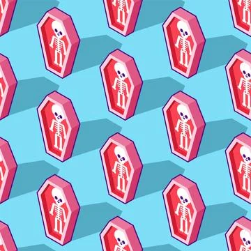 Seamless pattern pink coffins with skeletons on a blue background. Quirky g.. 스톡 일러스트