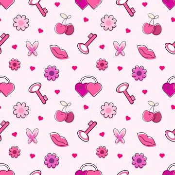 Seamless pattern pink color with lock, key, butterfly, flower, cherry. Stock Illustration