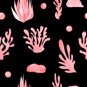 Seamless pattern of pink corals on a black background Elements of the underwater Stock Illustration