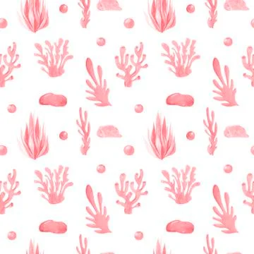 Seamless pattern of pink corals on a white background Elements of the underwater Stock Illustration