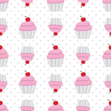 Seamless pattern with pink cupcakes and cherries on polka dots background Stock Illustration
