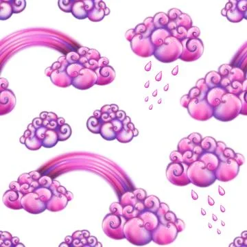 Seamless pattern with pink curly clouds, rain and rainbow. Handdrawn digital art Stock Illustration
