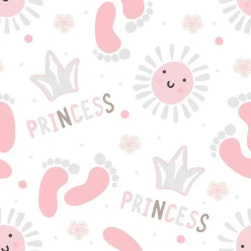 Seamless pattern pink cute crown, sun and footprint. Baby girl wallpaper Little Stock Illustration