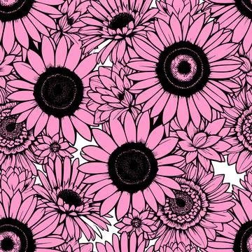 Seamless pattern of pink daisies with a black outline on a white background.. Illustrazione stock