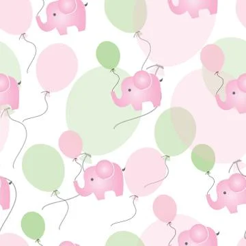 Seamless pattern with pink elephants with pink and green balloons Stock Illustration