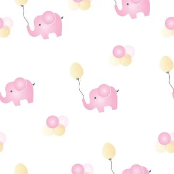 Seamless pattern with pink elephants vector with yellow balloons Stock Illustration