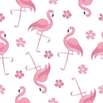 Seamless pattern with pink fall flamingo, flowers Stock Illustration