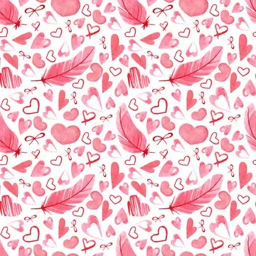 Seamless pattern with pink feathers and heart. Valentines day texture Stock Illustration