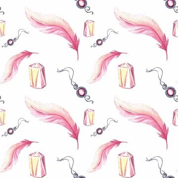 Seamless pattern of pink feathers with crystal and amulet. Watercolor background Illustrazione stock