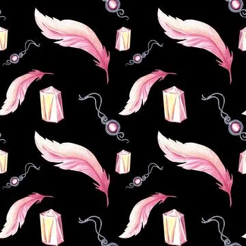 Seamless pattern of pink feathers with crystal and amulet. Watercolor background Stock Illustration