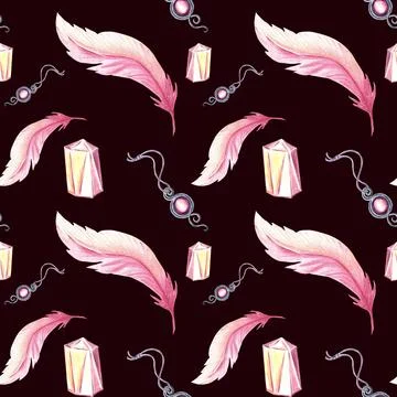 Seamless pattern of pink feathers with crystal and amulet. Watercolor background Stock Illustration