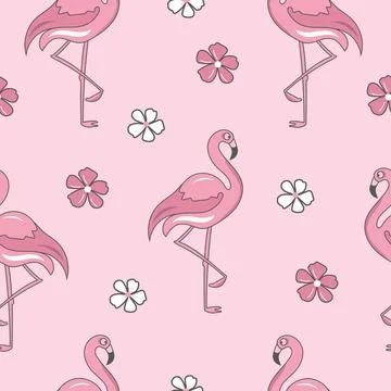 Seamless pattern with pink flamingo and flowers. Stock Illustration