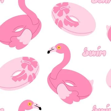 Seamless Pattern with Pink Flamingo and Floral Swim Rings Stock Illustration