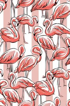 Seamless pattern. Pink flamingo on a background of pink and white vertical 스톡 일러스트