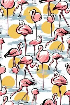 Seamless pattern. Pink flamingo at sunset in the water, white background. Sketch Illustrazione stock